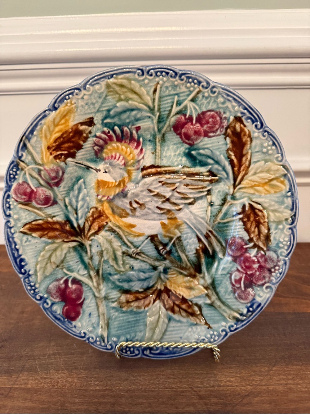 Antique Belgian Wasmuel Majolica Plate with Birds & Cherries